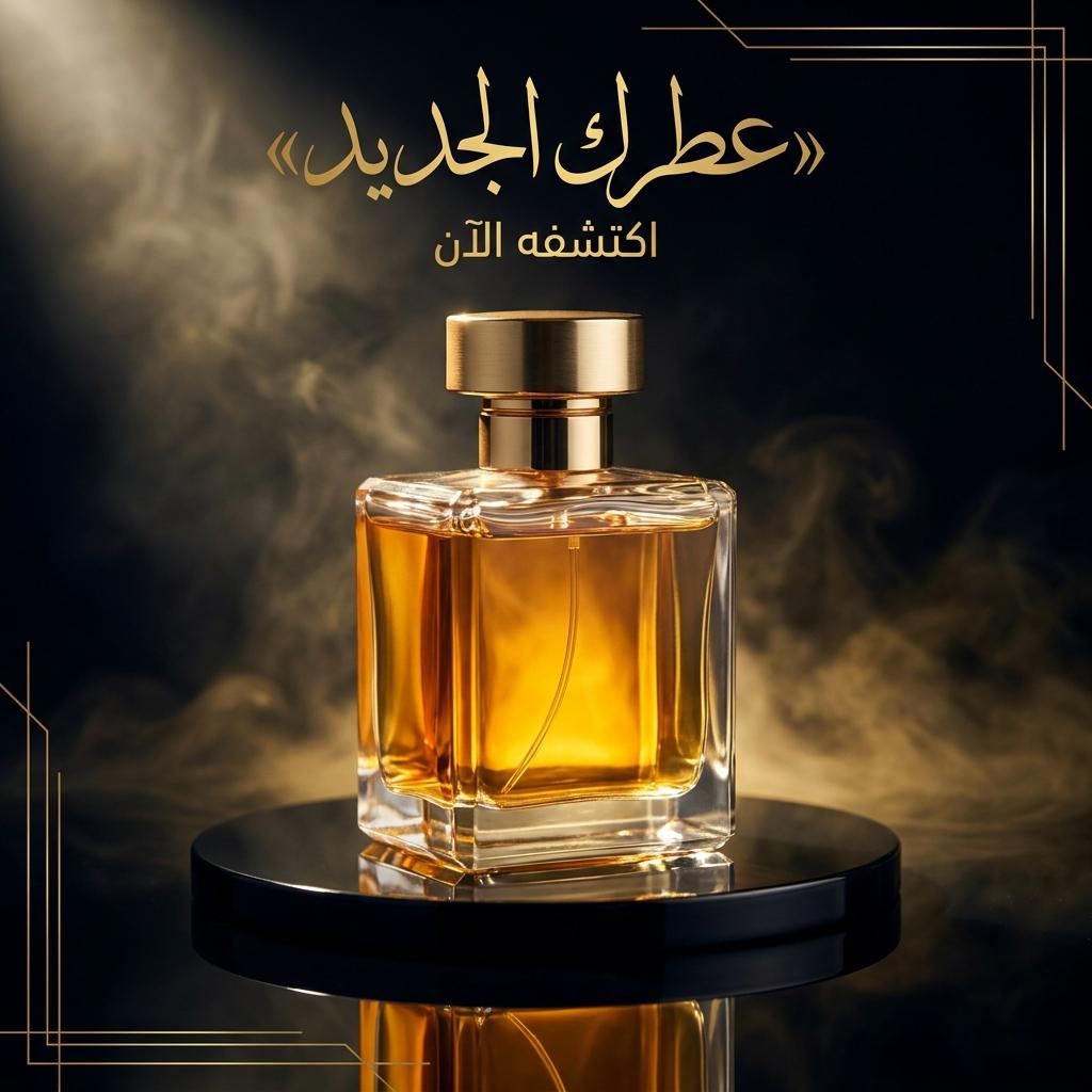 إعلان عطر فاخر مربع بعبوة أنيقة بعنوان عربي وخلفية داكنة راقية