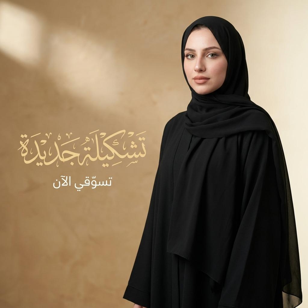 إعلان أزياء نسائية فاخر يظهر عارضة بعباية أنيقة بعنوان عربي وخلفية دافئة