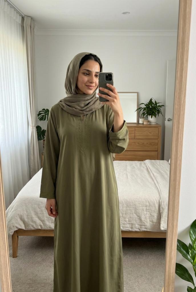 سيلفي أمام مرآة كاملة لقفطان زيتي في غرفة بسيطة بإضاءة نهارية