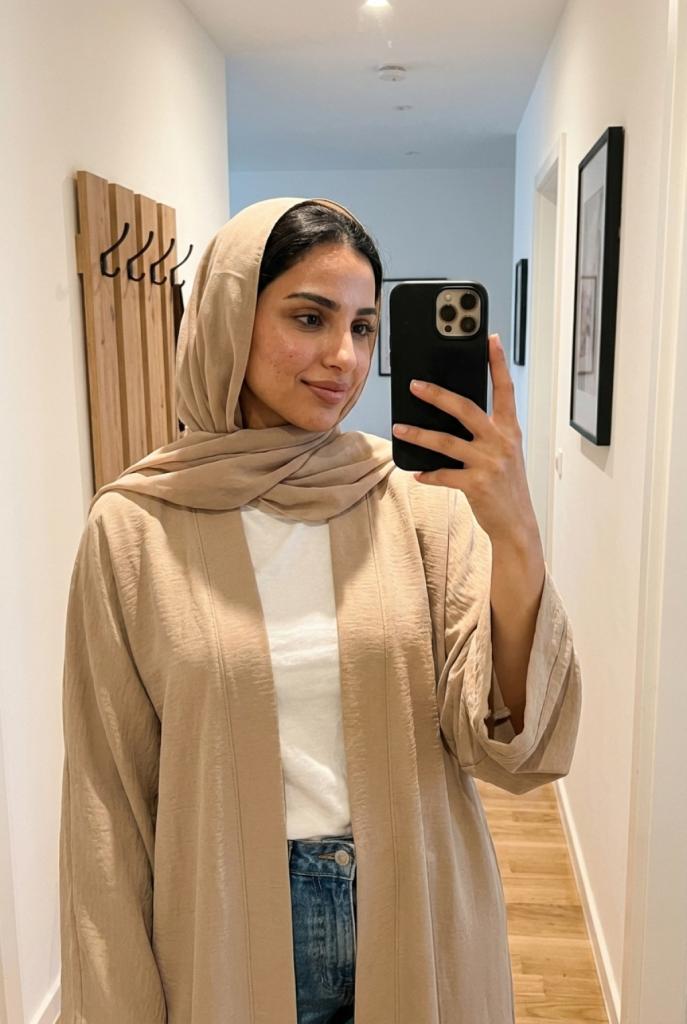 سيلفي أمام المرآة لعباية كاجوال مفتوحة في ممر منزلي بإضاءة دافئة