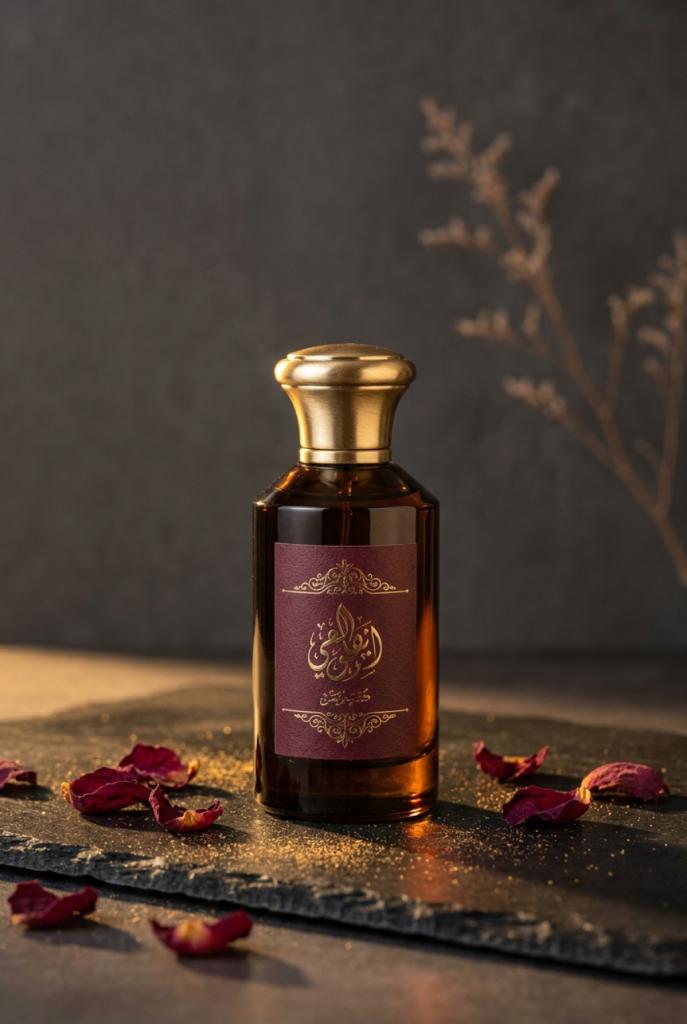 عطر عود بعبوة كهرمانية داكنة بإضاءة ذهبية دافئة مع بتلات ورد