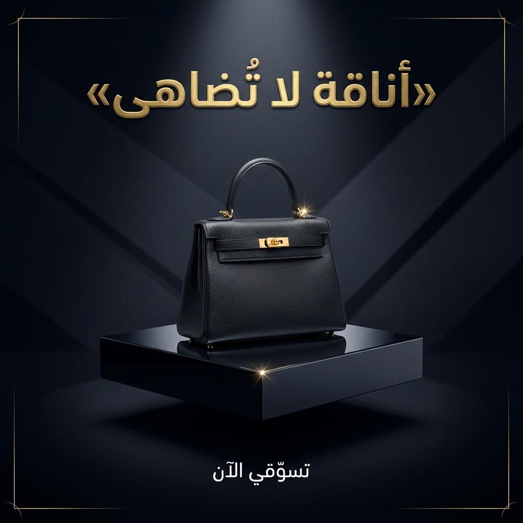 إعلان حقيبة يد مربع بعنوان عربي وخلفية داكنة أنيقة