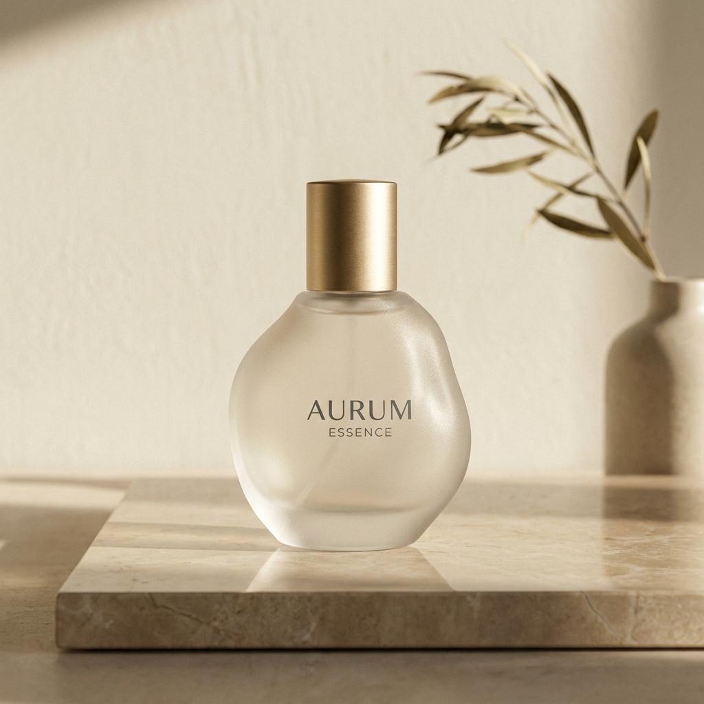عبوة عطر نحتية بغطاء ذهبي مطفي على رخام بيج بإضاءة دافئة