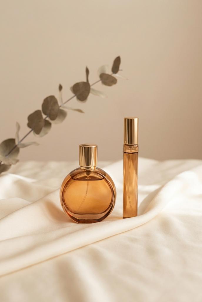 طقم هدايا عطور فاخر على سطح دافئ بإضاءة سينمائية ناعمة